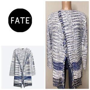 New. FATE long blue and white textured sweater. Retails $149